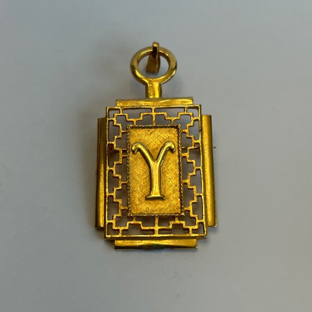 Vintage Gold Tone Initial Y Pendant Brooch Greek Key Fretwork Monogram Pin